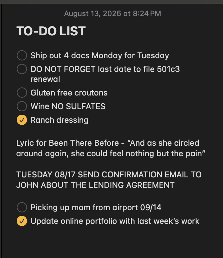 A phone note mixing business deadlines, errands, creative ideas, and personal reminders in one to-do list